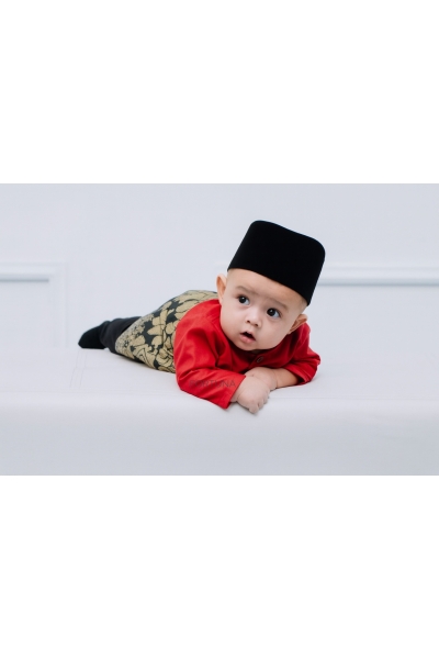 Baju Melayu Danish Red Chilli + Sampin DARK Black Silver