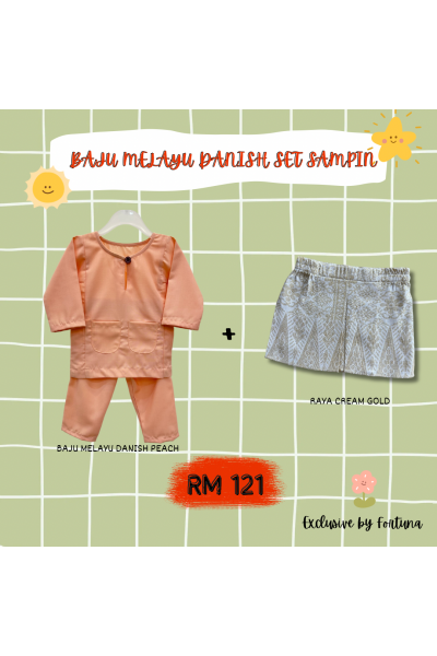 Baju Melayu Danish Peach + Sampin RAYA Cream Gold Baju Melayu Danish Peach + Sampin RAYA Cream Gold