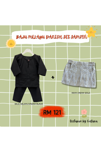 Baju Melayu Danish Black + Sampin RAYA Cream Gold Baju Melayu Danish Black + Sampin RAYA Cream Gold
