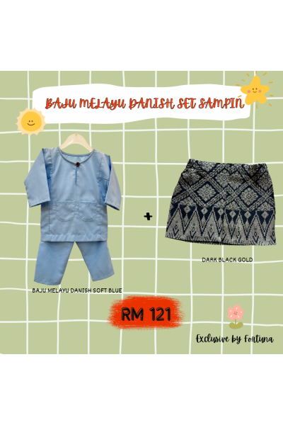 Baju Melayu Danish Soft Blue + Sampin DARK Black Gold Baju Melayu Danish Soft Blue + Sampin DARK Black Gold
