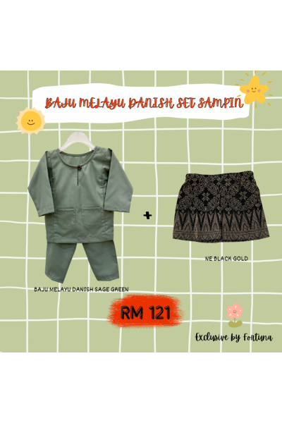 Baju Melayu Danish Sage Green + Sampin NE Black Gold Baju Melayu Danish Sage Green + Sampin NE Black Gold