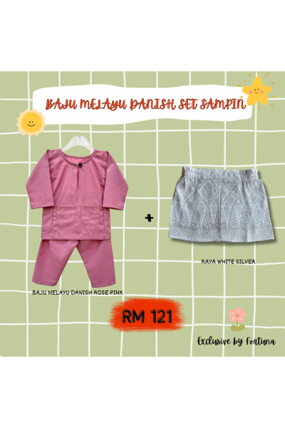 Baju Melayu Danish Rose Pink + Sampin RAYA White Silver Baju Melayu Danish Rose Pink + Sampin RAYA White Silver