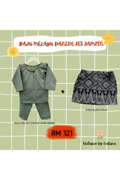 Baju Melayu Danish Sage Green + Sampin DARK Black Gold Baju Melayu Danish Sage Green + Sampin DARK Black Gold