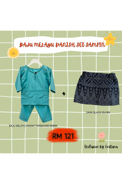 Baju Melayu Danish Turquoise Green + Sampin DARK Black Silver Baju Melayu Danish Turquoise Green + Sampin DARK Black Silver