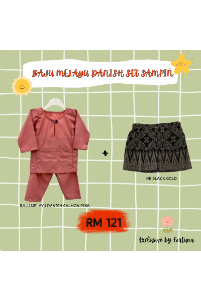 Baju Melayu Danish Salmon Pink + Sampin NE Black Gold Baju Melayu Danish Salmon Pink + Sampin NE Black Gold