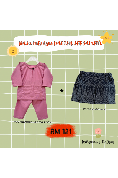 Baju Melayu Danish Rose Pink + Sampin DARK Black Silver Baju Melayu Danish Rose Pink + Sampin DARK Black Silver