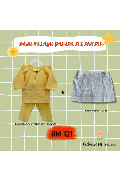 Baju Melayu Danish Soft Yellow + Sampin RAYA White Silver Baju Melayu Danish Soft Yellow + Sampin RAYA White Silver