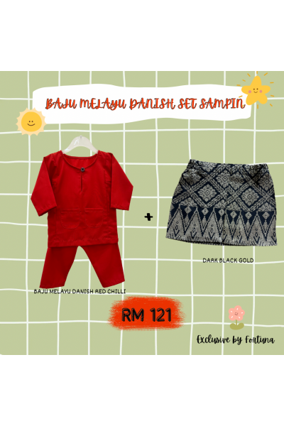 Baju Melayu Danish Red Chilli + Sampin DARK Black Gold Baju Melayu Danish Red Chilli + Sampin DARK Black Gold