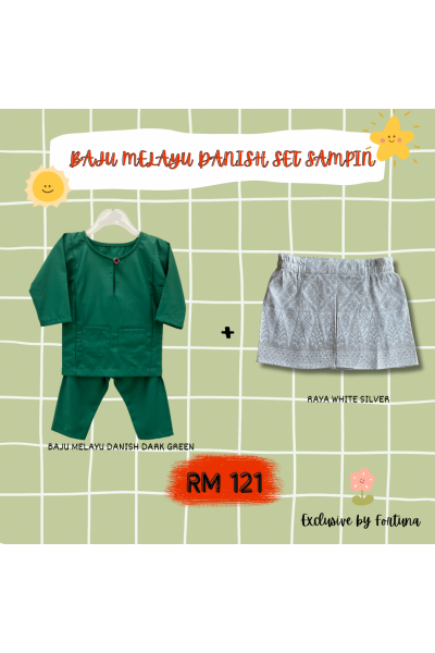 Baju Melayu Danish Dark Green + Sampin RAYA White Silver Baju Melayu Danish Dark Green + Sampin RAYA White Silver