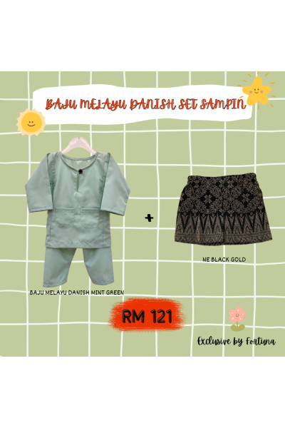 Baju Melayu Danish Mint Green + Sampin NE Black Gold Baju Melayu Danish Mint Green + Sampin NE Black Gold