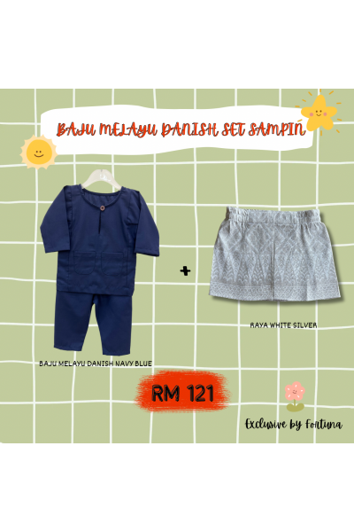 Baju Melayu Danish Navy Blue + Sampin RAYA White Silver Baju Melayu Danish Navy Blue + Sampin RAYA White Silver