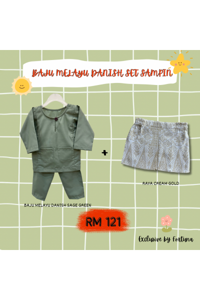 Baju Melayu Danish Sage Green + Sampin RAYA Cream Gold Baju Melayu Danish Sage Green + Sampin RAYA Cream Gold