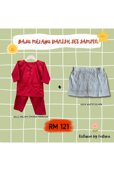 Baju Melayu Danish Maroon + Sampin RAYA White Silver Baju Melayu Danish Maroon + Sampin RAYA White Silver