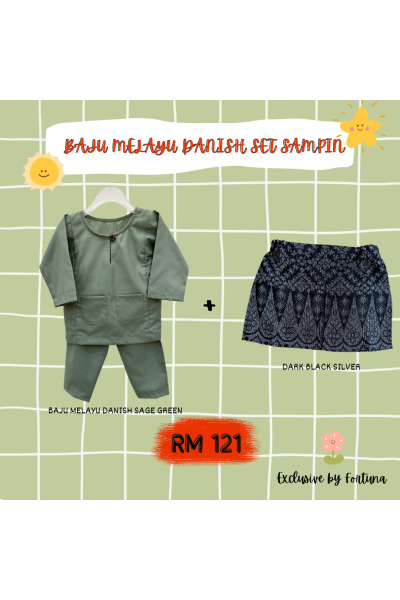 Baju Melayu Danish Sage Green + Sampin DARK Black Silver Baju Melayu Danish Sage Green + Sampin DARK Black Silver