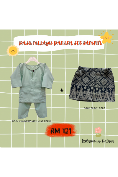 Baju Melayu Danish Mint Green + Sampin DARK Black Gold Baju Melayu Danish Mint Green + Sampin DARK Black Gold