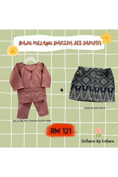 Baju Melayu Danish Dusty Pink + Sampin DARK Black Gold Baju Melayu Danish Dusty Pink + Sampin DARK Black Gold