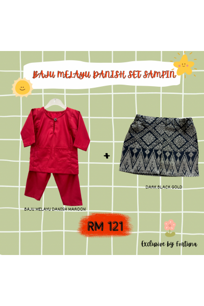 Baju Melayu Danish Maroon + Sampin DARK Black Gold Baju Melayu Danish Maroon + Sampin DARK Black Gold