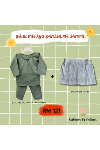 Baju Melayu Danish Sage Green + Sampin RAYA White Silver Baju Melayu Danish Sage Green + Sampin RAYA White Silver