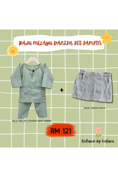 Baju Melayu Danish Mint Green + Sampin RAYA Cream Gold Baju Melayu Danish Mint Green + Sampin RAYA Cream Gold
