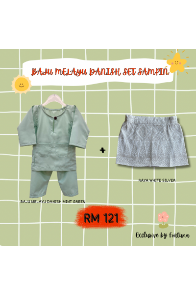 Baju Melayu Danish Mint Green + Sampin RAYA White Silver Baju Melayu Danish Mint Green + Sampin RAYA White Silver