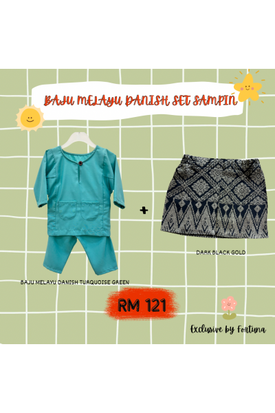Baju Melayu Danish Turquoise Green + Sampin DARK Black Gold Baju Melayu Danish Turquoise Green + Sampin DARK Black Gold