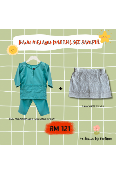 Baju Melayu Danish Turquoise Green + Sampin RAYA White Silver Baju Melayu Danish Turquoise Green + Sampin RAYA White Silver
