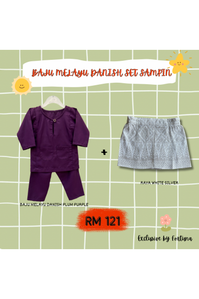 Baju Melayu Danish Plum Purple + Sampin RAYA White Silver Baju Melayu Danish Plum Purple + Sampin RAYA White Silver