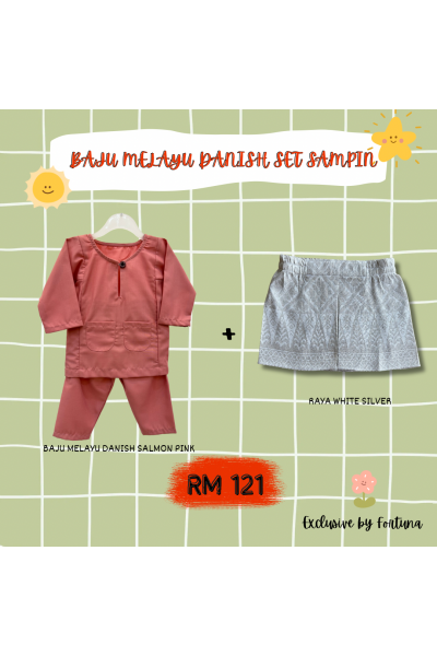 Baju Melayu Danish Salmon Pink + Sampin RAYA White Silver Baju Melayu Danish Salmon Pink + Sampin RAYA White Silver