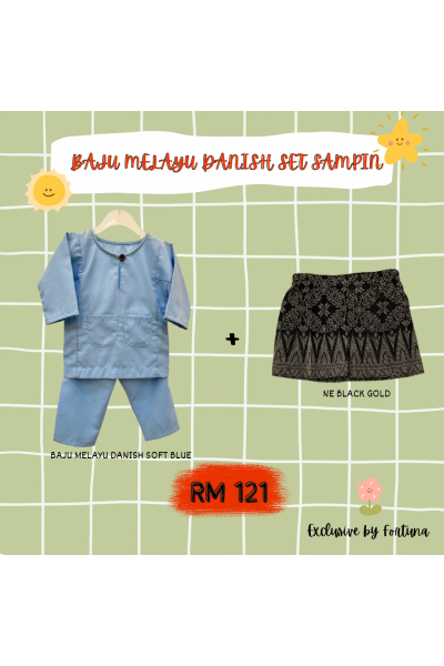 Baju Melayu Danish Soft Blue + Sampin NE Black Gold Baju Melayu Danish Soft Blue + Sampin NE Black Gold