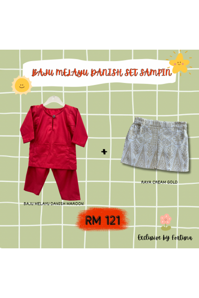 Baju Melayu Danish Maroon + Sampin RAYA Cream Gold Baju Melayu Danish Maroon + Sampin RAYA Cream Gold