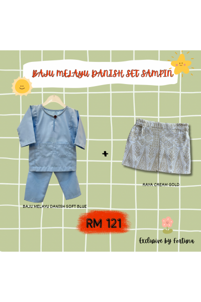 Baju Melayu Danish Soft Blue + Sampin RAYA Cream Gold Baju Melayu Danish Soft Blue + Sampin RAYA Cream Gold
