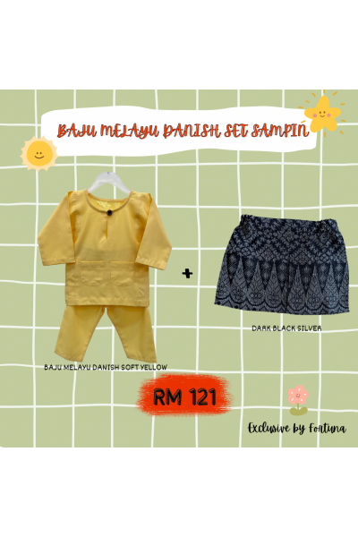 Baju Melayu Danish Soft Yellow + Sampin DARK Black Silver Baju Melayu Danish Soft Yellow + Sampin DARK Black Silver