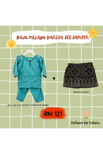 Baju Melayu Danish Turquoise Green + Sampin NE Black Gold Baju Melayu Danish Turquoise Green + Sampin NE Black Gold