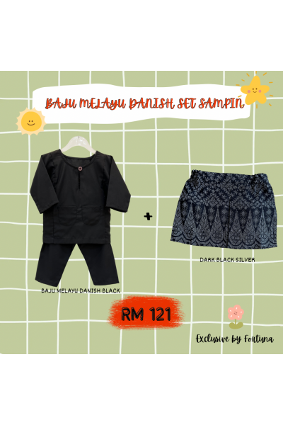 Baju Melayu Danish Black + Sampin DARK Black Silver Baju Melayu Danish Black + Sampin DARK Black Silver