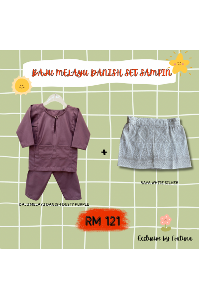 Baju Melayu Danish Dusty Purple + Sampin RAYA White Silver Baju Melayu Danish Dusty Purple + Sampin RAYA White Silver