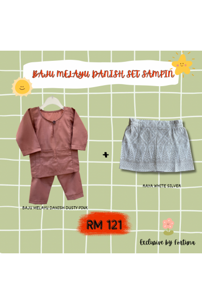 Baju Melayu Danish Dusty Pink + Sampin RAYA White Silver Baju Melayu Danish Dusty Pink + Sampin RAYA White Silver