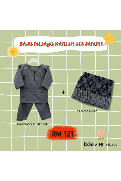 Baju Melayu Danish Grey + Sampin NE Black Silver