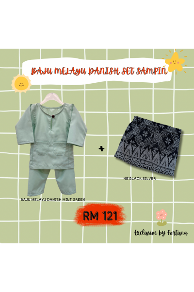 Baju Melayu Danish Mint Green + Sampin NE Black Silver