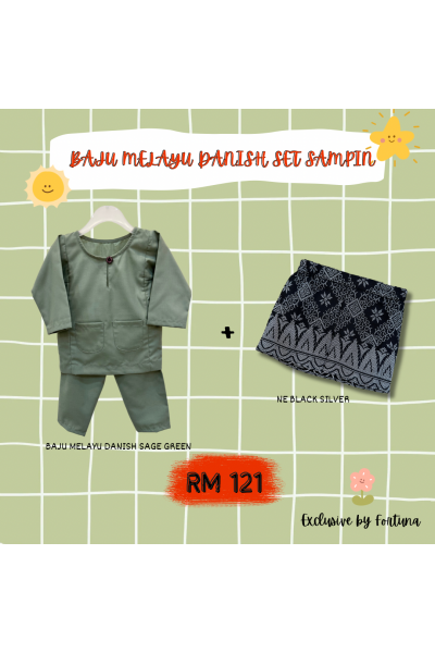 Baju Melayu Danish Sage Green + Sampin NE Black Silver