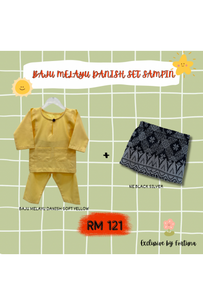 Baju Melayu Danish Soft Yellow + Sampin NE Black Silver