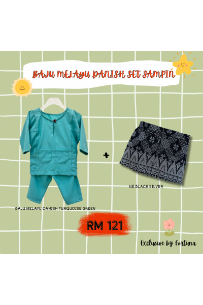 Baju Melayu Danish Turquoise Green + Sampin NE Black Silver