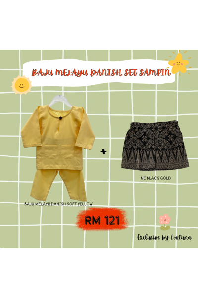 Baju Melayu Danish Soft Yellow + Sampin NE Black Gold Baju Melayu Danish Soft Yellow + Sampin NE Black Gold