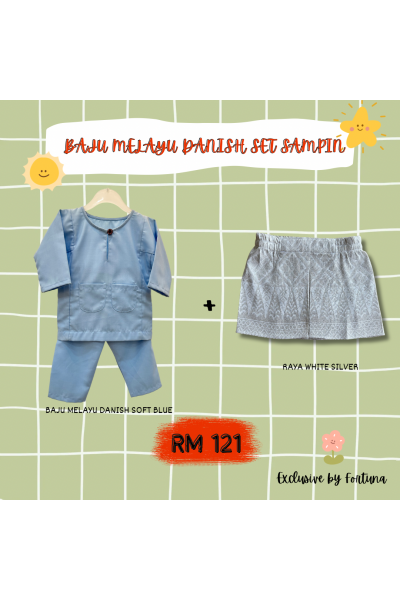 Baju Melayu Danish Soft Blue + Sampin RAYA White Silver Baju Melayu Danish Soft Blue + Sampin RAYA White Silver