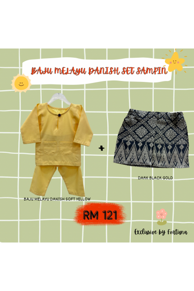 Baju Melayu Danish Soft Yellow + Sampin DARK Black Gold Baju Melayu Danish Soft Yellow + Sampin DARK Black Gold