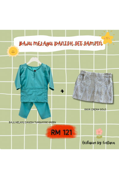 Baju Melayu Danish Turquoise Green + Sampin RAYA Cream Gold Baju Melayu Danish Turquoise Green + Sampin RAYA Cream Gold