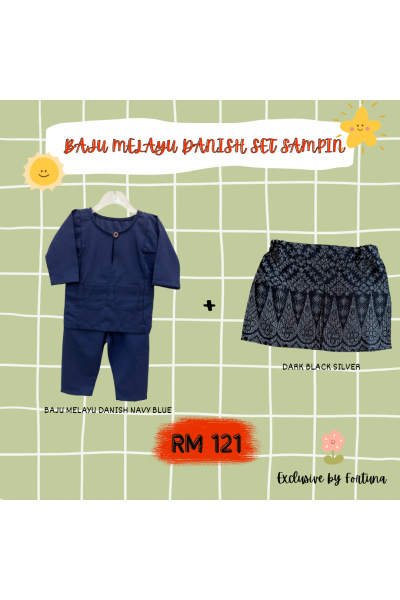 Baju Melayu Danish Navy Blue + Sampin DARK Black Silver Baju Melayu Danish Navy Blue + Sampin DARK Black Silver
