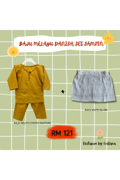 Baju Melayu Danish Mustard + Sampin RAYA White Silver Baju Melayu Danish Mustard + Sampin RAYA White Silver
