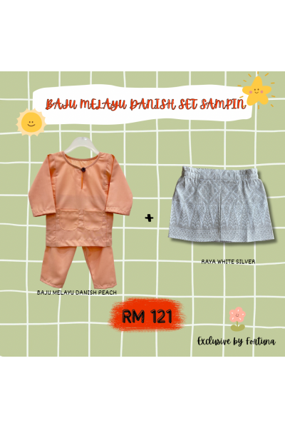 Baju Melayu Danish Peach + Sampin RAYA White Silver Baju Melayu Danish Peach + Sampin RAYA White Silver