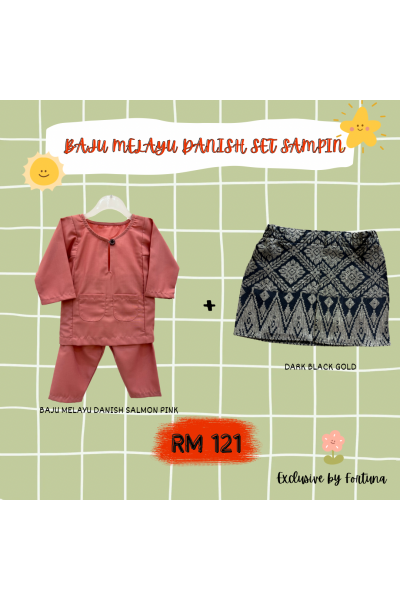 Baju Melayu Danish Salmon Pink + Sampin DARK Black Gold Baju Melayu Danish Salmon Pink + Sampin DARK Black Gold