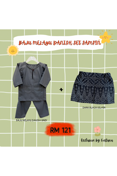Baju Melayu Danish Grey + Sampin DARK Black Silver Baju Melayu Danish Grey + Sampin DARK Black Silver